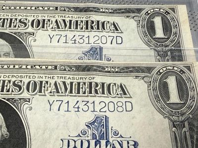 Sale Photo Thumbnail #470: Series of 1923 (2) $1 Consecutive Number Silver Certificates in UNC Condition- Large Horse Blanket Banknotes as Pictured. $5 DOMESTIC SHIPPING.