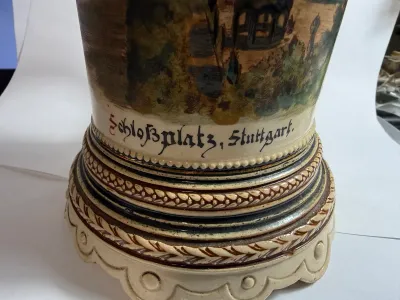 Sale Photo Thumbnail #503: VINTAGE/ANTIQUE EARLY STUTTGART GERMANY CHROMOLITHO BEER STEIN 11" TALL IN VERY GOOD PREOWNED CONDITION. $15 DOMESTIC SHIPPING.