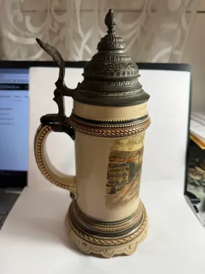 Sale Photo Thumbnail #498: VINTAGE/ANTIQUE EARLY STUTTGART GERMANY CHROMOLITHO BEER STEIN 11" TALL IN VERY GOOD PREOWNED CONDITION. $15 DOMESTIC SHIPPING.