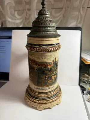 Sale Photo Thumbnail #497: VINTAGE/ANTIQUE EARLY STUTTGART GERMANY CHROMOLITHO BEER STEIN 11" TALL IN VERY GOOD PREOWNED CONDITION. $15 DOMESTIC SHIPPING.