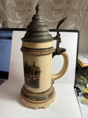 Sale Photo Thumbnail #499: VINTAGE/ANTIQUE EARLY STUTTGART GERMANY CHROMOLITHO BEER STEIN 11" TALL IN VERY GOOD PREOWNED CONDITION. $15 DOMESTIC SHIPPING.