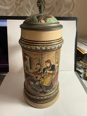 Sale Photo Thumbnail #504: Scarce Merkelbach & Wick Character Lidded 1-Liter Beer Stein Germany from the late 1800s- early 1900s 9" Tall in VG Preowned Condition. $15 DOMESTIC SHIPPING.