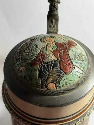 Sale Photo Thumbnail #508: Scarce Merkelbach & Wick Character Lidded 1-Liter Beer Stein Germany from the late 1800s- early 1900s 9" Tall in VG Preowned Condition. $15 DOMESTIC SHIPPING.