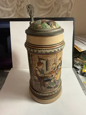 Sale Photo Thumbnail #507: Scarce Merkelbach & Wick Character Lidded 1-Liter Beer Stein Germany from the late 1800s- early 1900s 9" Tall in VG Preowned Condition. $15 DOMESTIC SHIPPING.