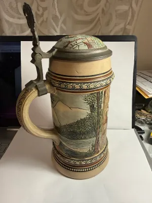Sale Photo Thumbnail #506: Scarce Merkelbach & Wick Character Lidded 1-Liter Beer Stein Germany from the late 1800s- early 1900s 9" Tall in VG Preowned Condition. $15 DOMESTIC SHIPPING.
