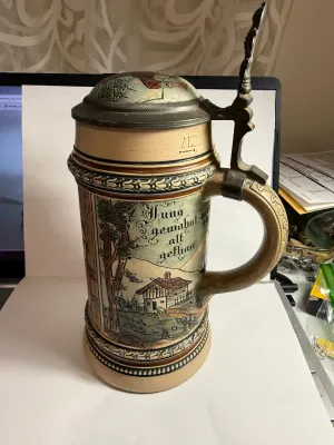 Sale Photo Thumbnail #505: Scarce Merkelbach & Wick Character Lidded 1-Liter Beer Stein Germany from the late 1800s- early 1900s 9" Tall in VG Preowned Condition. $15 DOMESTIC SHIPPING.