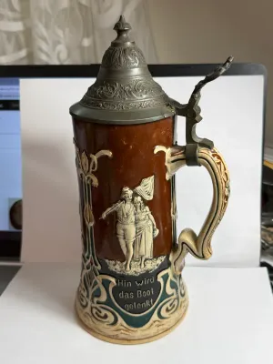 Sale Photo Thumbnail #520: Vintage German Beer Stein 10.75" Tall. Hand Painted. Lid was Repaired but in GOOD Preowned Condition. $15 DOMESTIC SHIPPING.