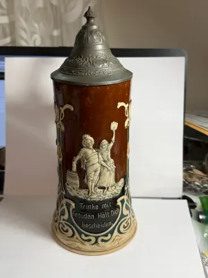 Sale Photo Thumbnail #519: Vintage German Beer Stein 10.75" Tall. Hand Painted. Lid was Repaired but in GOOD Preowned Condition. $15 DOMESTIC SHIPPING.