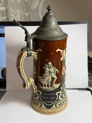 Sale Photo Thumbnail #521: Vintage German Beer Stein 10.75" Tall. Hand Painted. Lid was Repaired but in GOOD Preowned Condition. $15 DOMESTIC SHIPPING.
