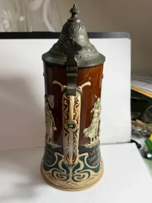Sale Photo Thumbnail #522: Vintage German Beer Stein 10.75" Tall. Hand Painted. Lid was Repaired but in GOOD Preowned Condition. $15 DOMESTIC SHIPPING.