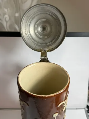 Sale Photo Thumbnail #524: Vintage German Beer Stein 10.75" Tall. Hand Painted. Lid was Repaired but in GOOD Preowned Condition. $15 DOMESTIC SHIPPING.