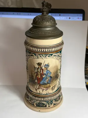Sale Photo Thumbnail #525: Antique Merkelbach & Wick Character 1/2-Liter Lidded Beer Stein German Late 1800s/Early 1900s Hand Painted in VG Preowned Condition. $15 DOMESTIC SHIPPING.