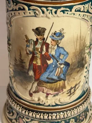 Sale Photo Thumbnail #526: Antique Merkelbach & Wick Character 1/2-Liter Lidded Beer Stein German Late 1800s/Early 1900s Hand Painted in VG Preowned Condition. $15 DOMESTIC SHIPPING.
