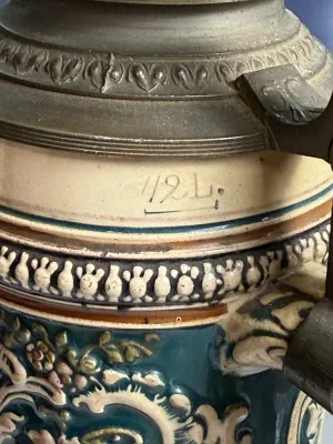 Sale Photo Thumbnail #532: Antique Merkelbach & Wick Character 1/2-Liter Lidded Beer Stein German Late 1800s/Early 1900s Hand Painted in VG Preowned Condition. $15 DOMESTIC SHIPPING.