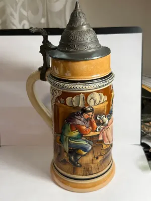 Sale Photo Thumbnail #534: Vintage 20th Century German Lusterware 1-Liter Lidded Beer Stein in VG Preowned Condition. $15 DOMESTIC SHIPPING.
