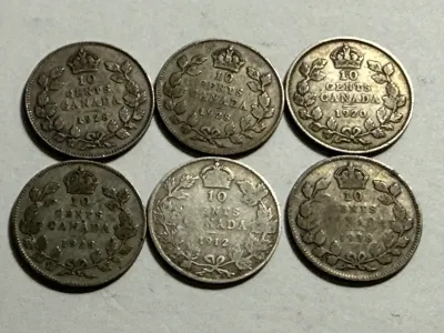 Sale Photo Thumbnail #548: (6) CANADA EARLY 20TH CENTURY CIRCULATED SILVER TEN CENT PIECES AS PICTURED. $5 DOMESTIC SHIPPING.