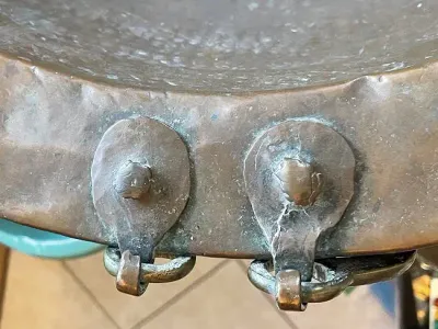 Sale Photo Thumbnail #589: Primitive Early 1800's Hand Hammered Copper Cooking Basin 19.5" in Diameter Preowned from an Estate Cleanout in Good Condition. $20 DOMESTIC SHIPPING.