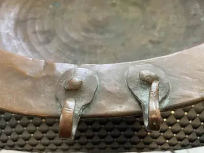 Sale Photo Thumbnail #583: Primitive Early 1800's Hand Hammered Copper Cooking Basin 19.5" in Diameter Preowned from an Estate Cleanout in Good Condition. $20 DOMESTIC SHIPPING.