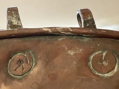 Sale Photo Thumbnail #585: Primitive Early 1800's Hand Hammered Copper Cooking Basin 19.5" in Diameter Preowned from an Estate Cleanout in Good Condition. $20 DOMESTIC SHIPPING.