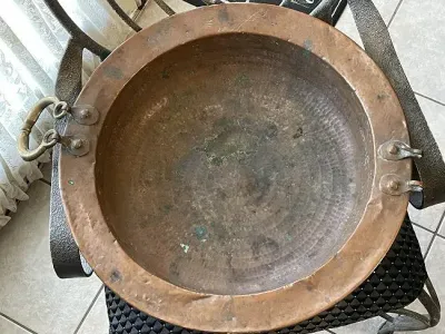 Sale Photo Thumbnail #587: Primitive Early 1800's Hand Hammered Copper Cooking Basin 19.5" in Diameter Preowned from an Estate Cleanout in Good Condition. $20 DOMESTIC SHIPPING.