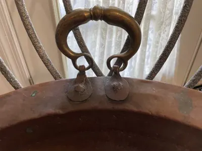 Sale Photo Thumbnail #582: Primitive Early 1800's Hand Hammered Copper Cooking Basin 19.5" in Diameter Preowned from an Estate Cleanout in Good Condition. $20 DOMESTIC SHIPPING.