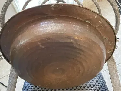 Sale Photo Thumbnail #586: Primitive Early 1800's Hand Hammered Copper Cooking Basin 19.5" in Diameter Preowned from an Estate Cleanout in Good Condition. $20 DOMESTIC SHIPPING.