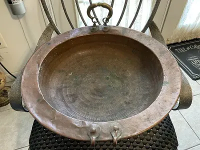 Sale Photo Thumbnail #581: Primitive Early 1800's Hand Hammered Copper Cooking Basin 19.5" in Diameter Preowned from an Estate Cleanout in Good Condition. $20 DOMESTIC SHIPPING.