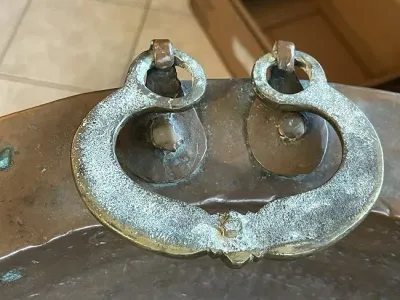 Sale Photo Thumbnail #590: Primitive Early 1800's Hand Hammered Copper Cooking Basin 19.5" in Diameter Preowned from an Estate Cleanout in Good Condition. $20 DOMESTIC SHIPPING.