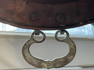 Sale Photo Thumbnail #584: Primitive Early 1800's Hand Hammered Copper Cooking Basin 19.5" in Diameter Preowned from an Estate Cleanout in Good Condition. $20 DOMESTIC SHIPPING.
