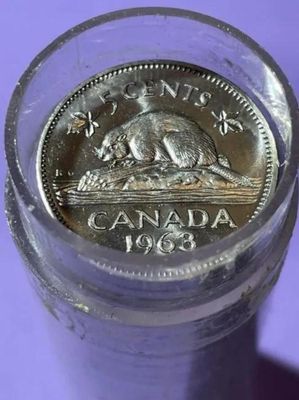 Sale Photo Thumbnail #619: CANADA 1963 CHOICE BU ROLL OF 40-COINS QUEEN ELIZABETH-II 5-CENT COINS as Pictured. $5 Domestic Shipping.