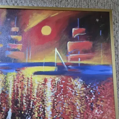 Sale Photo Thumbnail #45: Original Oil On Canvas
The image shows an impasto oil painting of a sunset over the water with a sailboat, resembling works from the triptych "The Beauty of Sunset" by artist Vik Schroeder

size:  20/24" w/ gold metal frame , no glass

Ships:  $25 [Ga., S