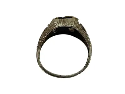 Sale Photo Thumbnail #80: Black Hills Gold Eagle Ring, Sterling SilverA men's pinky ring featuring a gold appliqued eagle on the black onyx center, as well as gold leaves on the sides. The ring itself is sterling silver and marked 925. Size 6 3/4
Weight: 4.7 grams
Beautiful men's 