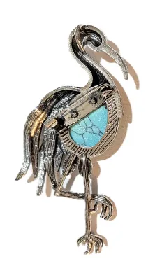 **NEW ARRIVAL** Beautiful Large SILVER COLORED TURQUOISE FLAMINGO BROOCH (3¼" x 1¾") with "Crackled" Teardrop...