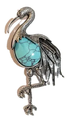 **NEW ARRIVAL** Beautiful Large SILVER COLORED TURQUOISE FLAMINGO BROOCH (3¼" x 1¾") with "Crackled" Teardrop...