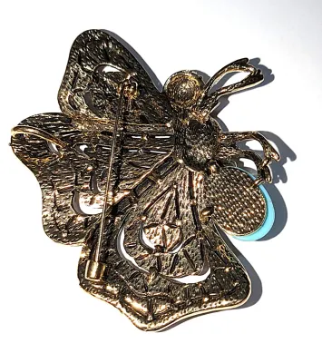 **NEW ARRIVAL** Beautiful Large Bejeweled MULTICOLOR Side-View TURQUISE & MAGENTA STONES BUTTERFLY BROOCH (3" x 2½") on a...