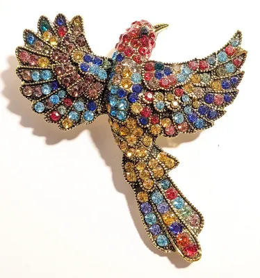 **NEW ARRIVAL** Beautiful LARGE ALL Jewels Multicolor BIRD BROOCH (3" x 2½") with Gold Beak, Red Head on a Gold Tone Setting