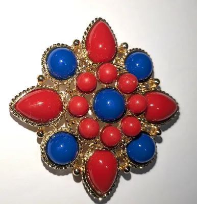 **NEW ARRIVAL** RED & BLUE Teardrop STONES FLOWER BROOCH/PENDANT (2¼" Diam.) with Layered Gold Colored Edging on a Gold Tone...
