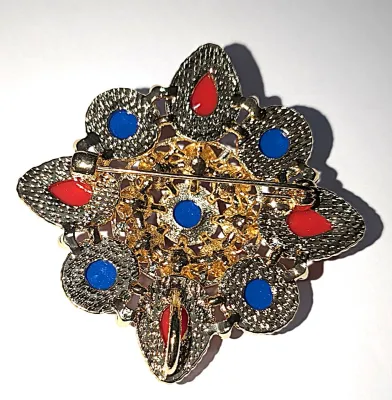 **NEW ARRIVAL** RED & BLUE Teardrop STONES FLOWER BROOCH/PENDANT (2¼" Diam.) with Layered Gold Colored Edging on a Gold Tone...