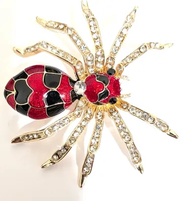 **NEW ARRIVAL** Enameled RED & BLACK Gold Colored SPIDER BROOCH (2½" x 2½") with Black Eyes + Jeweled Gold Colored Fangs...