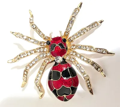 **NEW ARRIVAL** Enameled RED & BLACK Gold Colored SPIDER BROOCH (2½" x 2½") with Black Eyes + Jeweled Gold Colored Fangs...