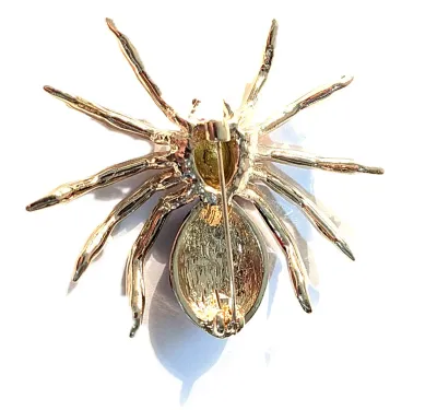 **NEW ARRIVAL** Enameled RED & BLACK Gold Colored SPIDER BROOCH (2½" x 2½") with Black Eyes + Jeweled Gold Colored Fangs...