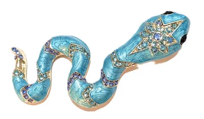 **NEW ARRIVAL** Ceramic Jeweled BLUE "SNAKE" BROOCH / PENDANT (4" x 1¾") with Black Eyes, Head Star and Jeweled...