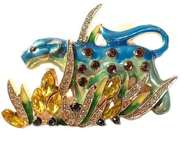 **NEW ARRIVAL** Large Beautiful Jeweled "Red Spotted" BLUE LION BROOCH (2¾" x 2") Hunting in Amber Colored Grasses on...