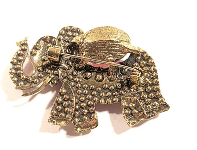 **NEW ARRIVAL** Very Red Jeweled ELEPHANT BROOCH (2¼" x 1½") with Large Red Oval Stone Center, 4 White Accent Stones and Gold...