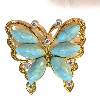 **NEW ARRIVAL** Beautiful 6 TURQUOISE OVAL STONES BUTTERFLY BROOCH (1½" x 1¼") with Iridescent Accent Stones on a Bright Gold...