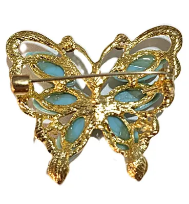 **NEW ARRIVAL** Beautiful 6 TURQUOISE OVAL STONES BUTTERFLY BROOCH (1½" x 1¼") with Iridescent Accent Stones on a Bright Gold...