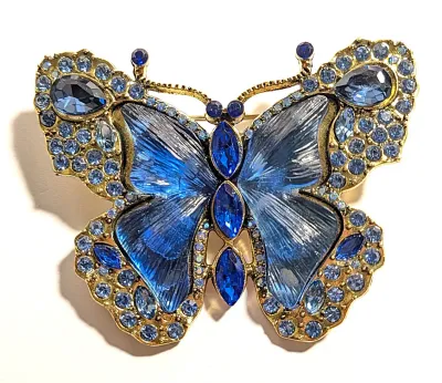 **NEW ARRIVAL** Beautiful LARGE BLUE Ribbed ACRYLIC BUTTERFLY BROOCH (2½" x 2") with Blue Stone "Feelers", Round and...