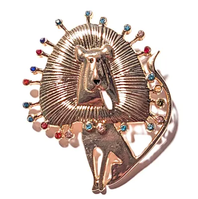 **NEW ARRIVAL** Unusual Multicolor Stones "LARGE MANE DOG" BROOCH (2½" x 2") with Pink Tongue a Gold Tone Setting