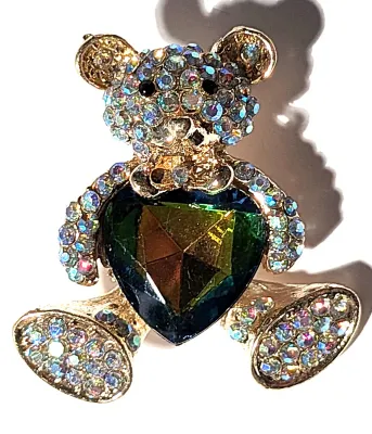 **NEW ARRIVAL** Small Bejeweled IRIDESCENT GREEN HEART STONE "BEAR" BROOCH (1½" x 1¼") on a Gold Tone Setting