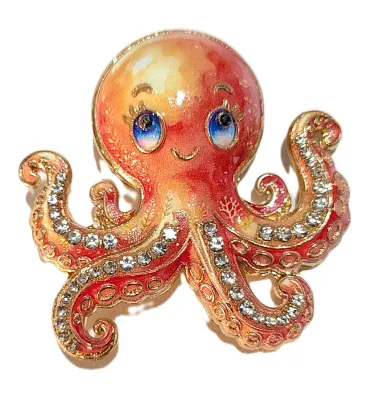**NEW ARRIVAL** Ceramic Jeweled ORANGE OCTOPUS BROOCH (1¾" x 1¾") with Blue Eyes and Jeweled Legs on a Gold Tone Setting